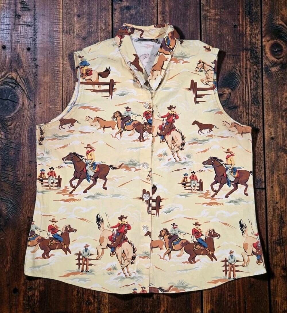 Vintage Panhandle Slim Western Shirt Vest AOP Horses Cowgirl Creme Womens Large